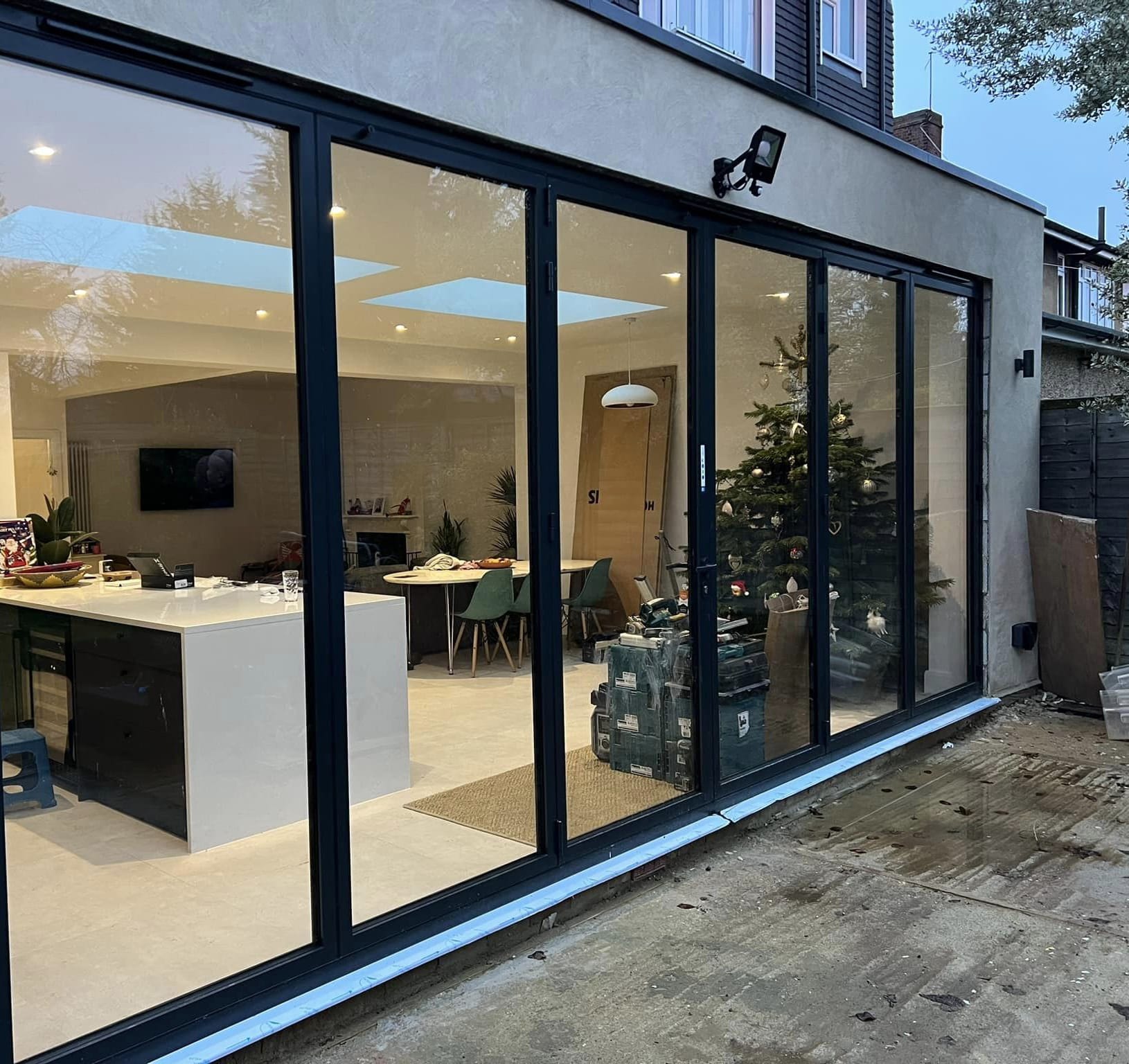 Outside looking in on a house extension